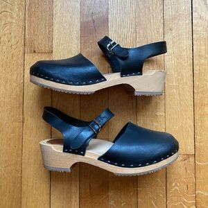 Black Leather Clog Mules with Wood Heel